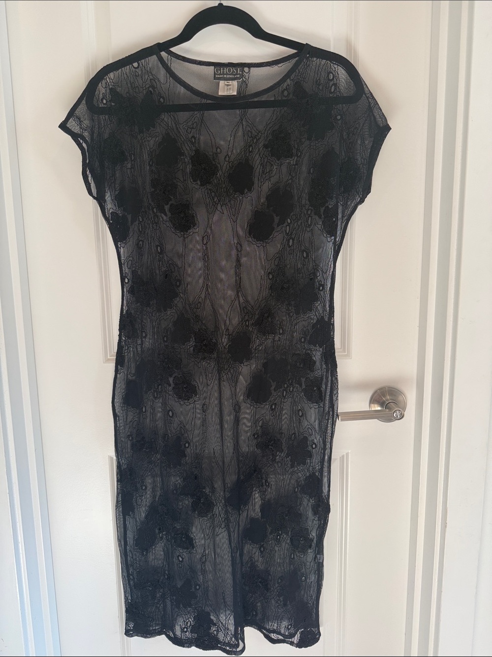 GHOST London 90s Vintage Black Sheer Mesh Dress Floral Applique size medium